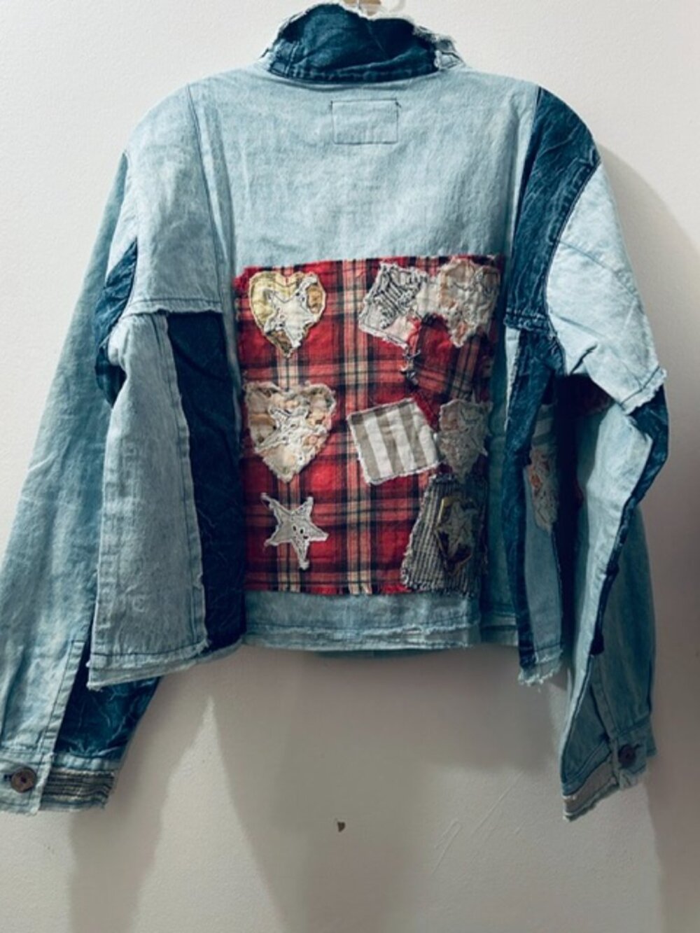 POL Star Heart Multicolor Mixed Patchwork Panel Relaxed Denim Jacket NWT - Picture 16 of 16